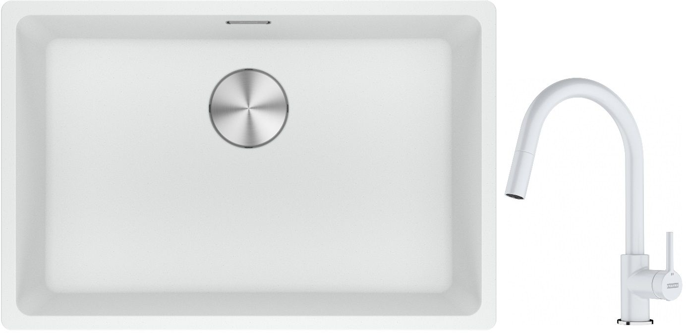 Franke Maris MRG 110-62 zlewozmywak 62x40 cm Fragranite biały polarny z baterią kuchenną Lina biały polarny (1250687259, 1150626081)