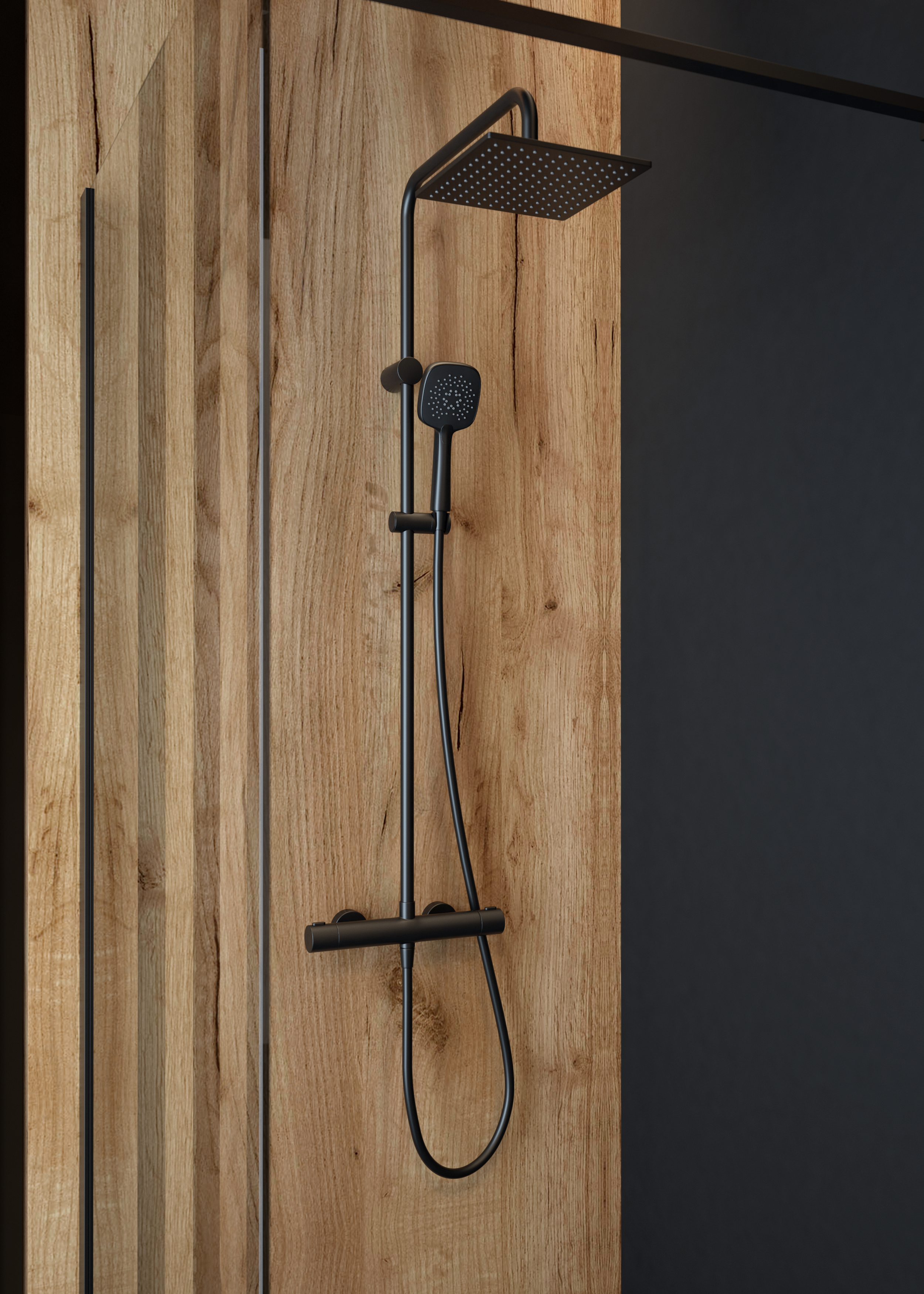 Oltens Atran (S) zestaw prysznicowy termostatyczny z deszczownicą czarny mat 36501300