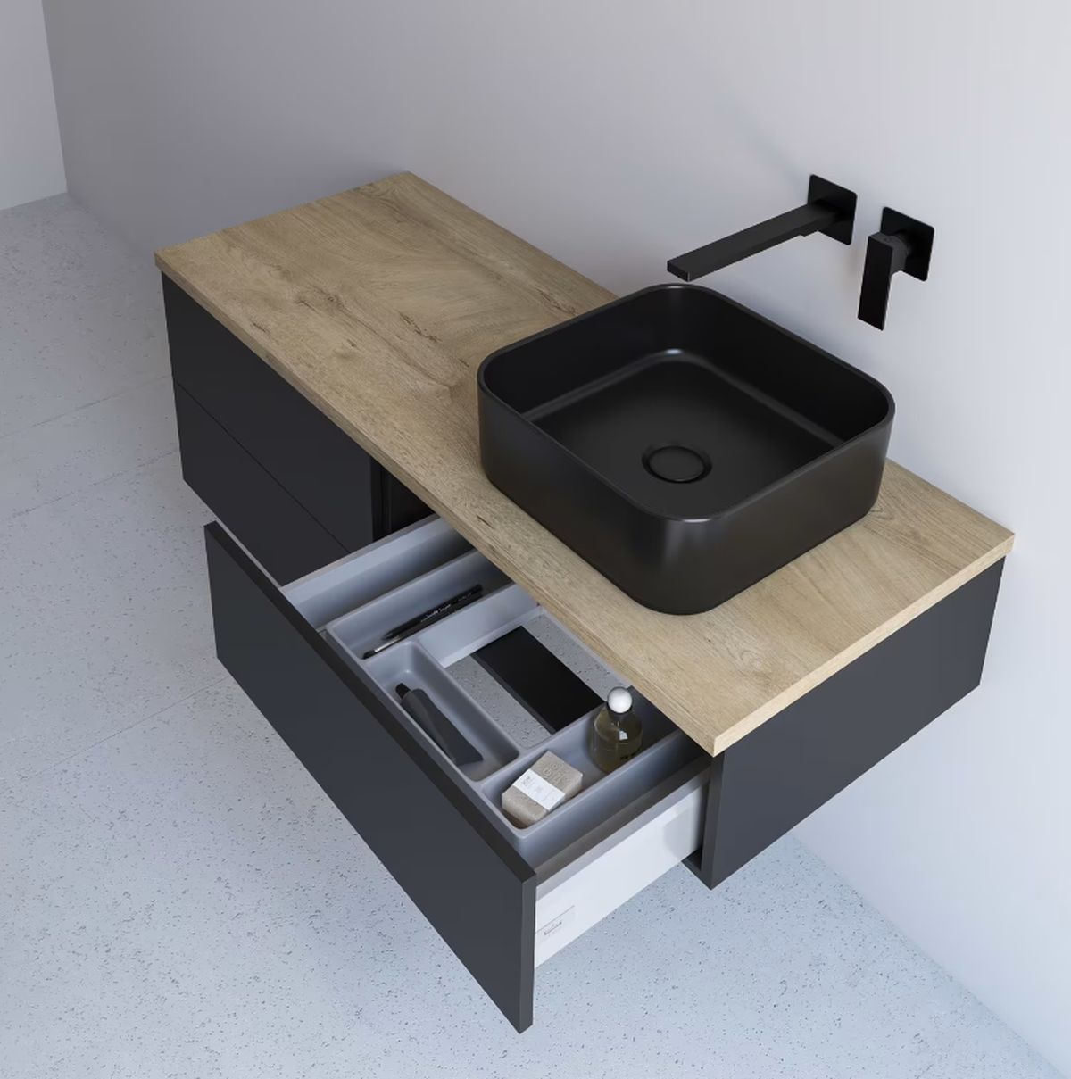 Kronenbach Cube szafka z blatem 121x48,7x44,5 cm podumywalkowa wisząca czarny mat-jasny dąb KBWTKOWTL1214SMGH