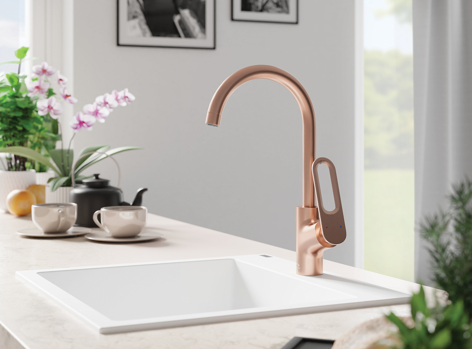 Laveo Tierra bateria kuchenna stojąca z wylewką U różowe złoto BAJ868U