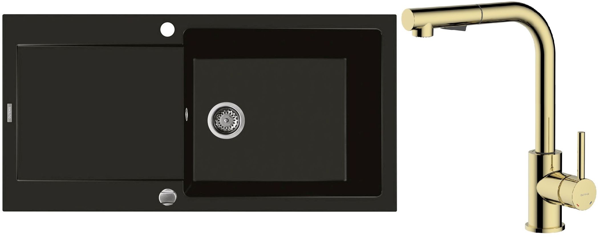 Zestaw Oltens Gravan zlewozmywak granitowy 1-komorowy 100x50 cm z baterią kuchenną Myvat czarny mat/złoty połysk (72101300, 35205800) - Wysyłka w 24h