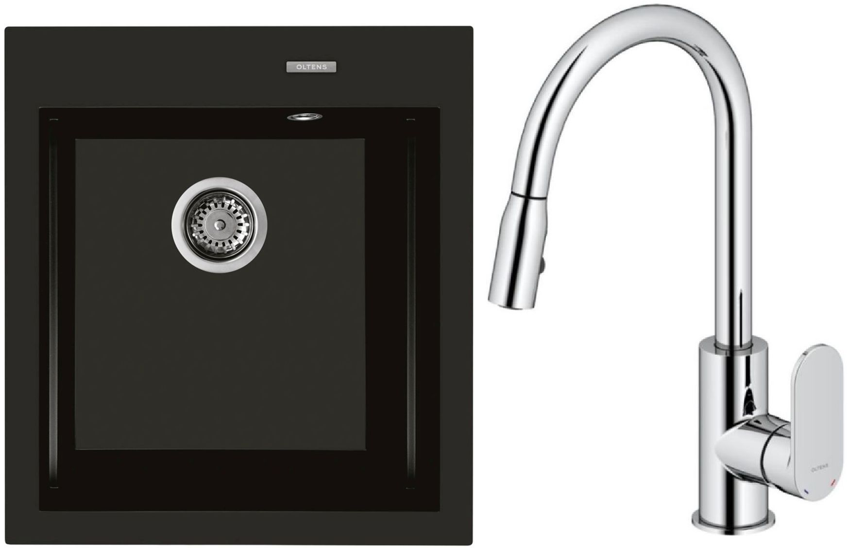 Zestaw Oltens Gravan zlewozmywak granitowy 1-komorowy 47x51,5 cm z baterią kuchenną Lista czarny mat/chrom (72001300, 35202100) - Wysyłka w 24h