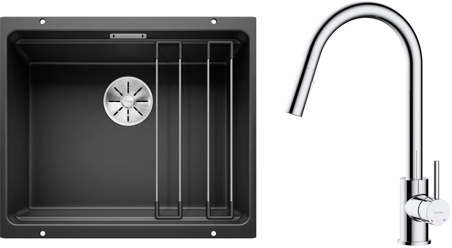 Zestaw Blanco Etagon 500-U zlewozmywak granitowy 53x46 cm z baterią kuchenną Oltens Litla czarny mat/chrom (35204100, 525887) - Wysyłka w 24h