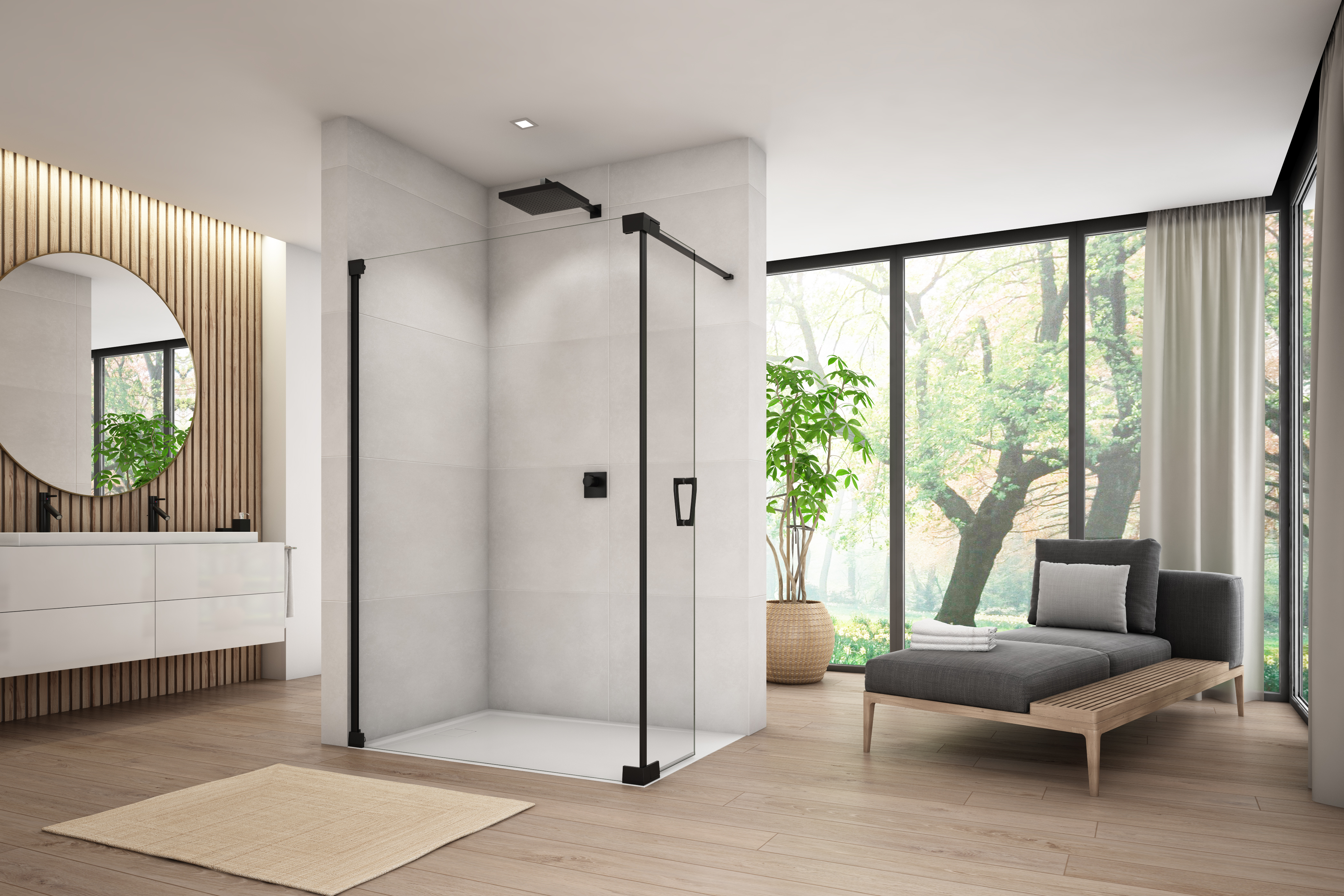 SanSwiss Cadura Caduo ścianka prysznicowa 100 cm wolnostojąca lewa z elementem ruchomym czarny mat/szkło przezroczyste CADUOG1000607