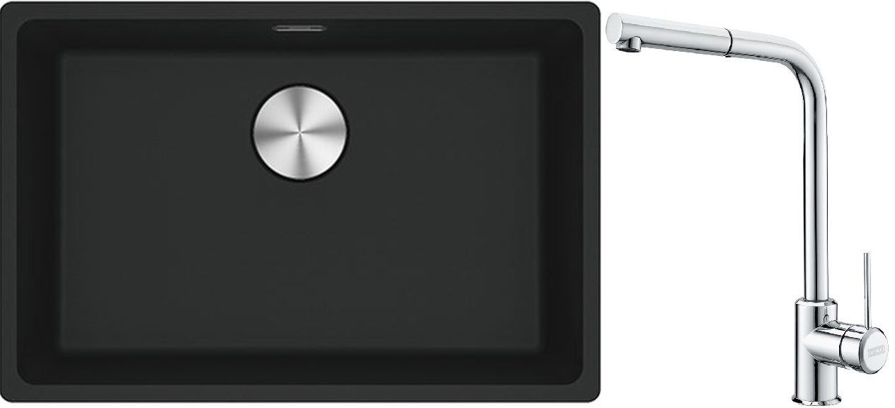 Franke Maris MRG 110-62 zlewozmywak 62x40 cm Fragranite czarny mat z baterią kuchenną Sirius Side chrom (1250687256, 1150668280)