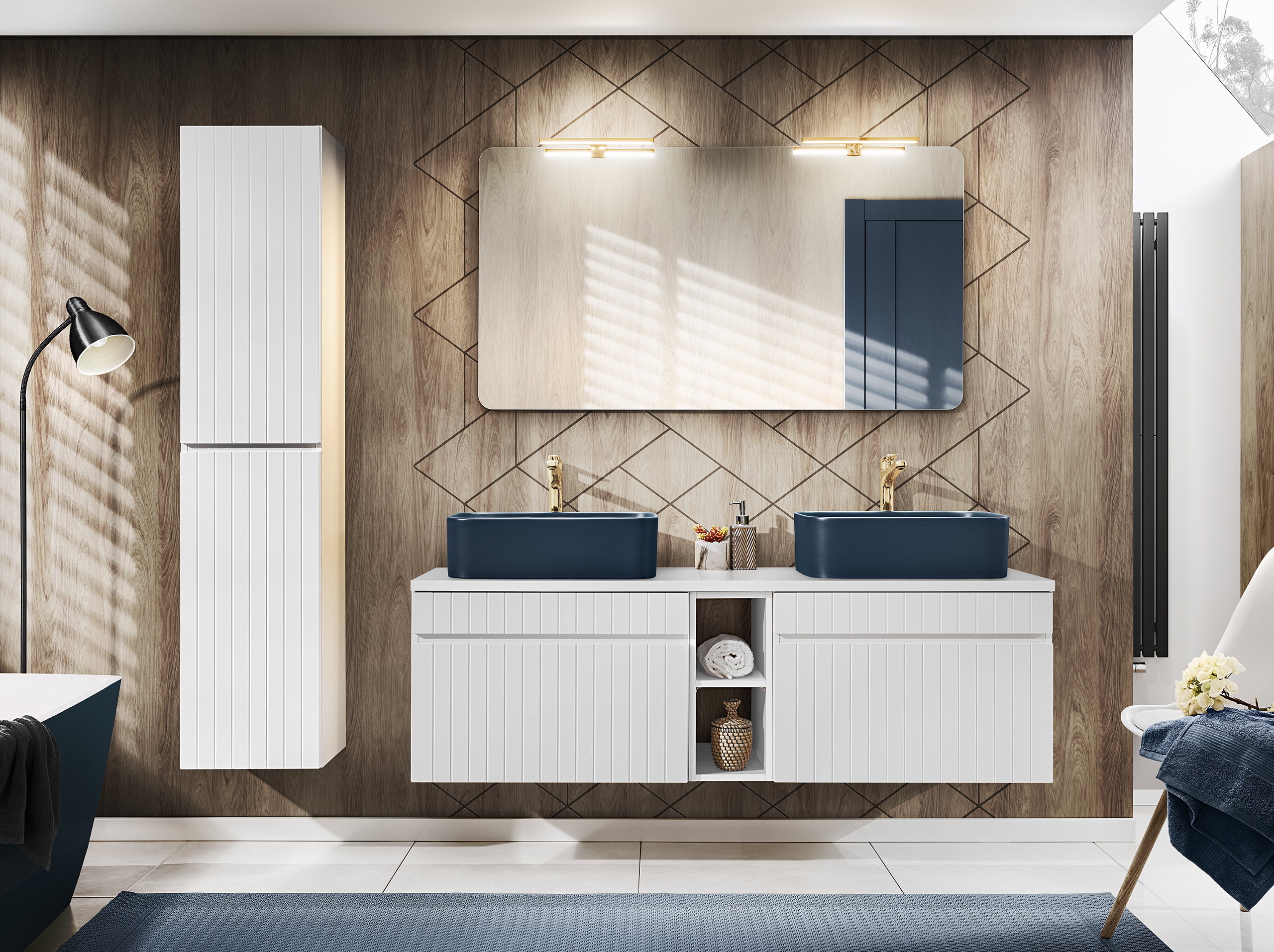 Zestaw Comad Iconic White szafka 60x45,6 cm podumywalkowa wisząca biała z blatem, umywalką, szafką boczną i lustrem SET ICW-B 140 CM ...