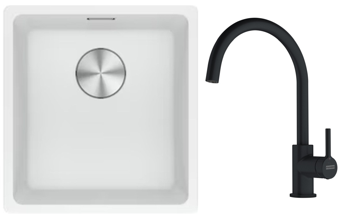 Franke Maris MRG 110-37 zlewozmywak 40x37 cm Fragranite biały polarny z baterią kuchenną Lina czarny mat (1250687251, 1150626019)