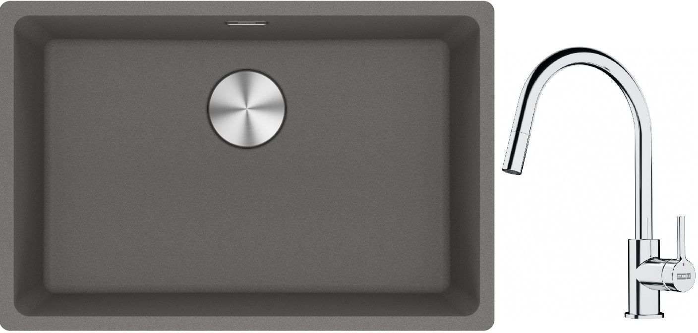 Franke Maris MRG 110-62 zlewozmywak 62x40 cm Fragranite kamienny szary z baterią kuchenną Lina chrom (1250687258, 1150693229)