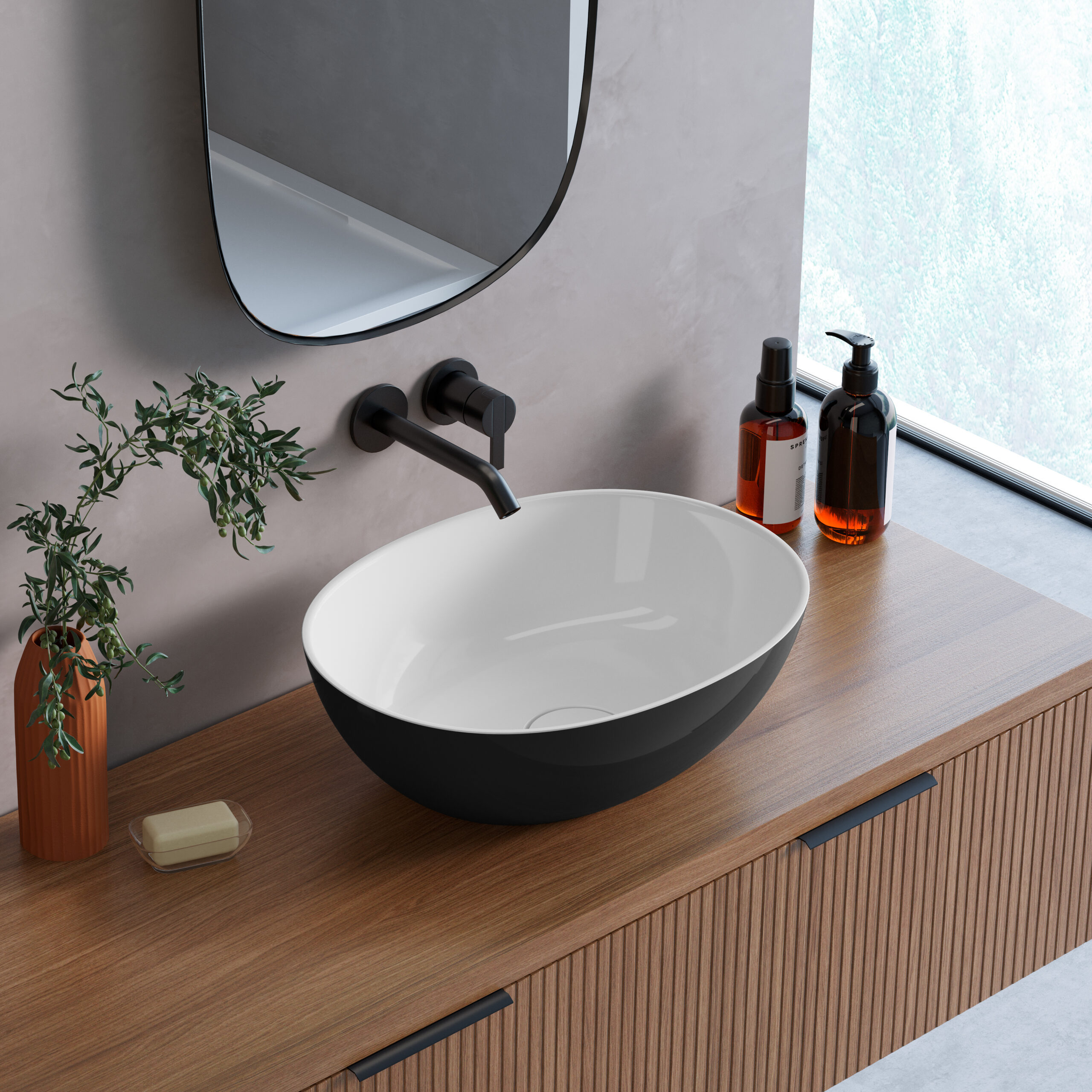 Lavaberg Skinn umywalka 47x36 cm owalna nablatowa biała/czarna połysk 663130051094