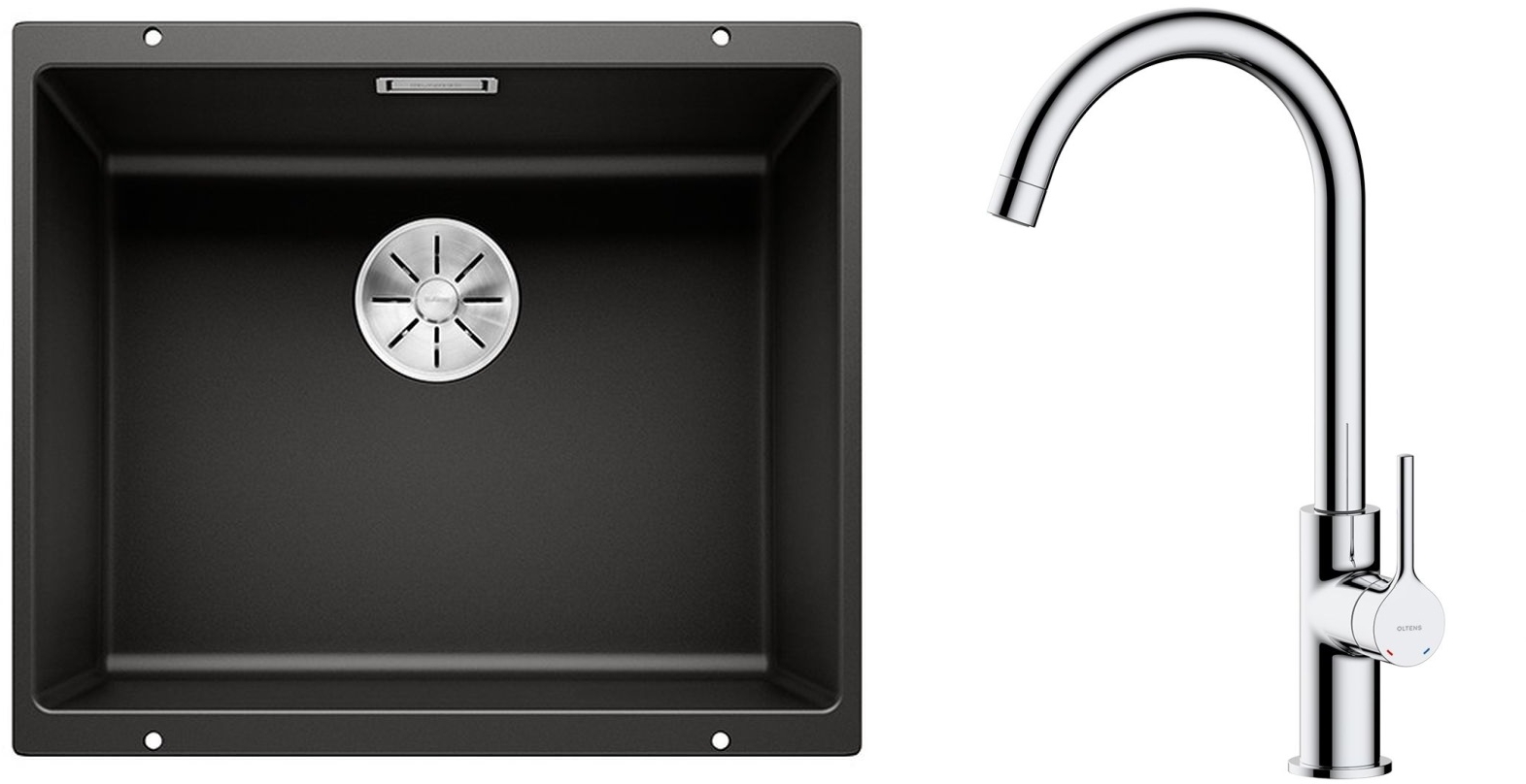 Zestaw Blanco Subline 500-U zlewozmywak granitowy 50x40 cm z baterią kuchenną Oltens Skafta czarny mat/chrom (35206100, 525995) - Wysyłka w 24h