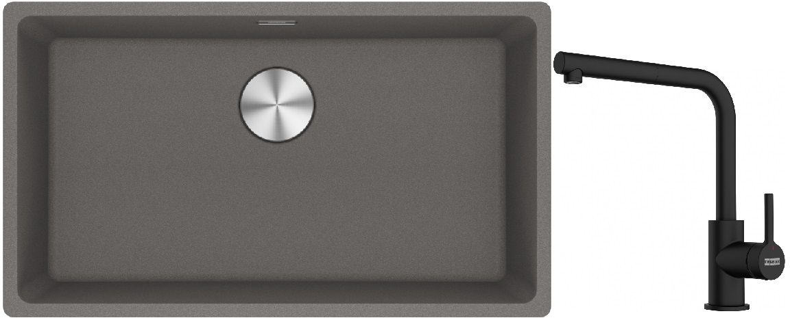 Franke Maris MRG 110-72 zlewozmywak 72x40 cm Fragranite kamienny szary z baterią kuchenną Mythos czarna stal szlachetna (1250687262, ...