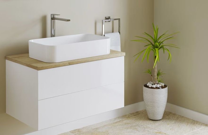 Kronenbach Cube szafka z blatem 81x48,7x44,5 cm podumywalkowa wisząca biały połysk-jasny dąb KBWTKOWTL812WHGH