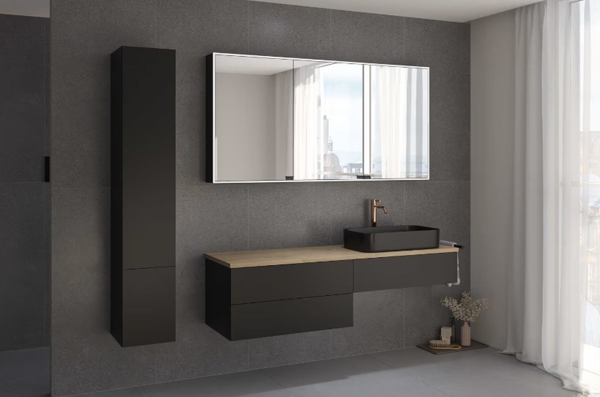 Kronenbach Cube szafka z blatem 161x48,7x44,5 cm podumywalkowa wisząca czarny mat-jasny dąb KBWTKOWTL1613SMGH