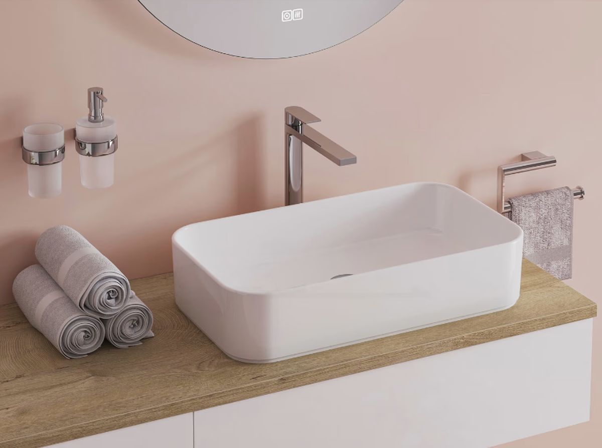 Kronenbach Cube szafka z blatem 161x48,7x23,5 cm podumywalkowa wisząca biały połysk-jasny dąb KBWTKOWTL1612WHGH