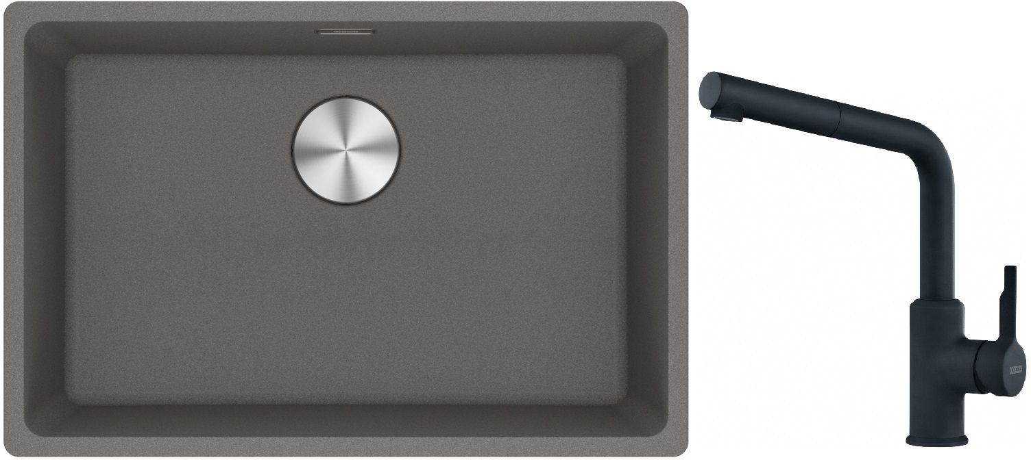 Franke Maris MRG 110-62 zlewozmywak 62x40 cm Fragranite kamienny szary z baterią kuchenną Urban czarny mat (1250687258, 1150627523)