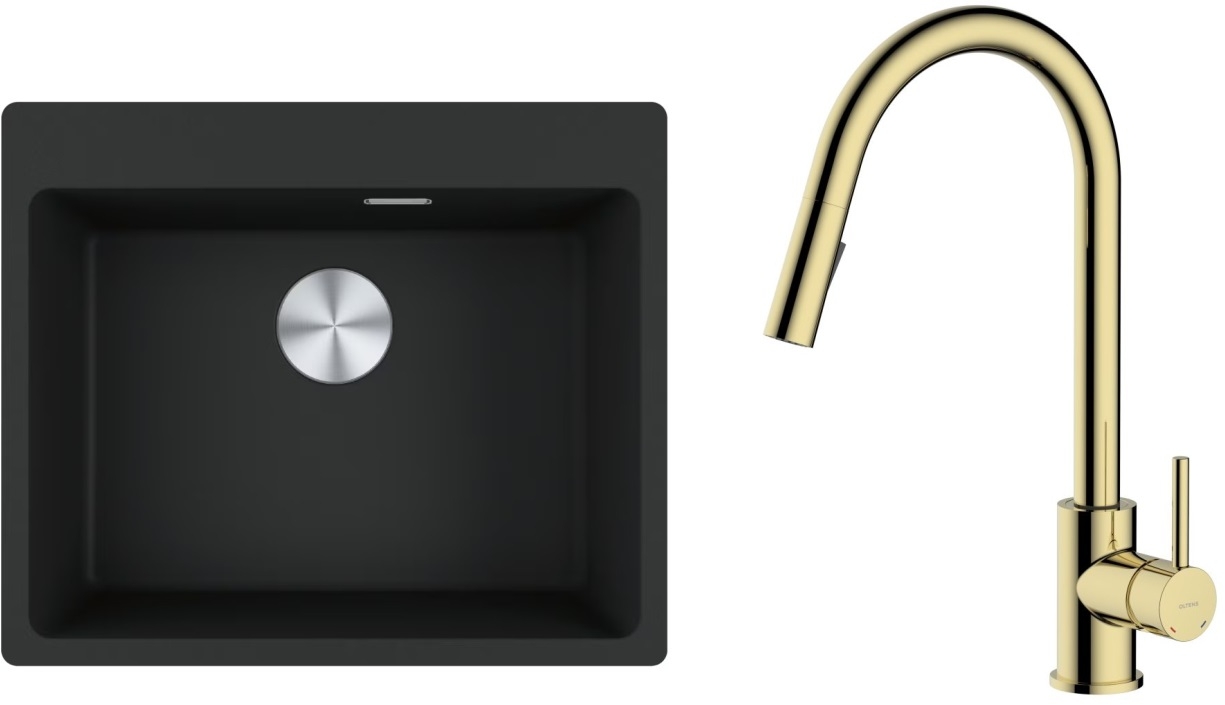 Zestaw Franke Maris MRG 610-54 FTL zlewozmywak 59x50 cm z baterią kuchenną Oltens Litla czarny mat/złoty połysk (1140661794, 35204800) - Wysyłka w 24h