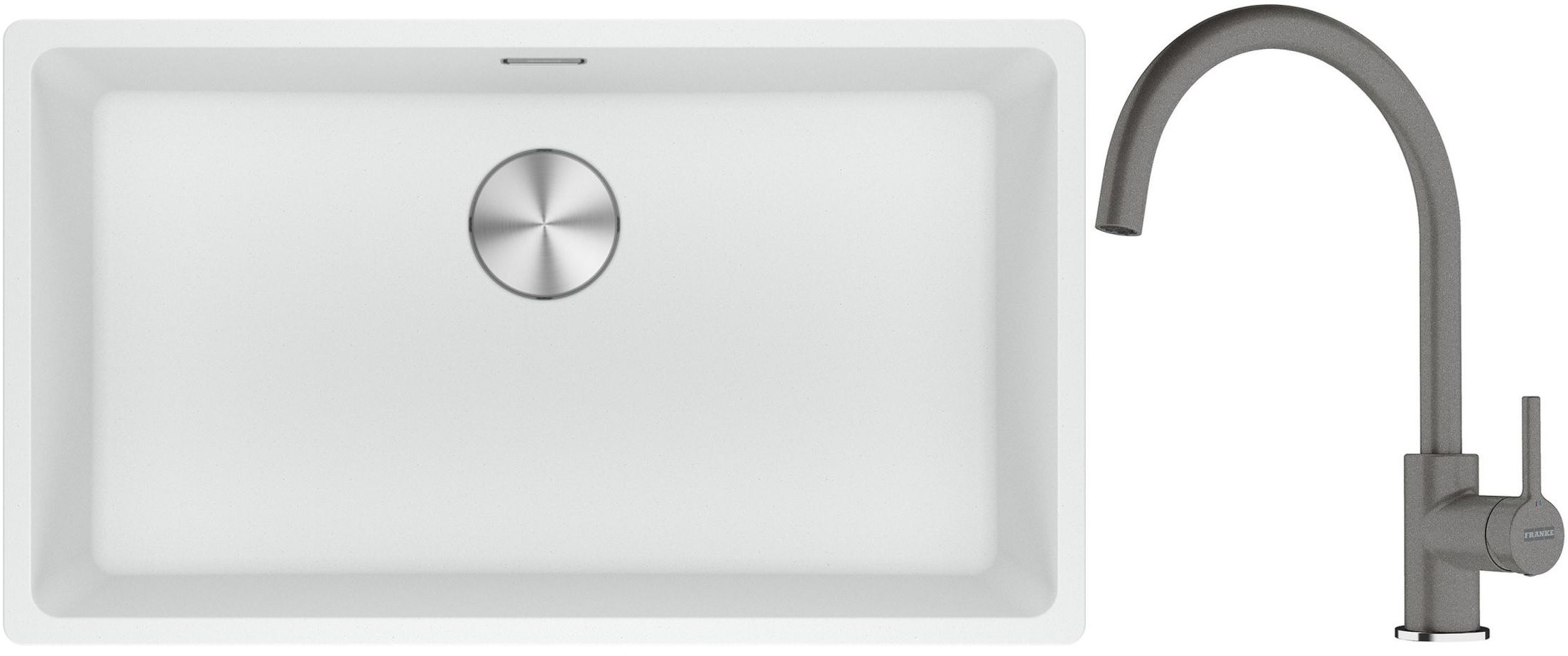 Franke Maris MRG 110-72 zlewozmywak 72x40 cm Fragranite biały polarny z baterią kuchenną Lina kamienny szary (1250687263, 1150626022)