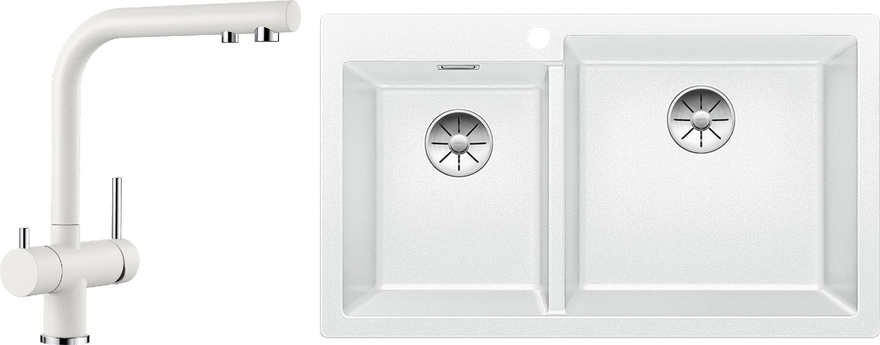 Zestaw Blanco Pleon 9 zlewozmywak granitowy biały z baterią kuchenną Fontas II biały mat (523061, 523134)