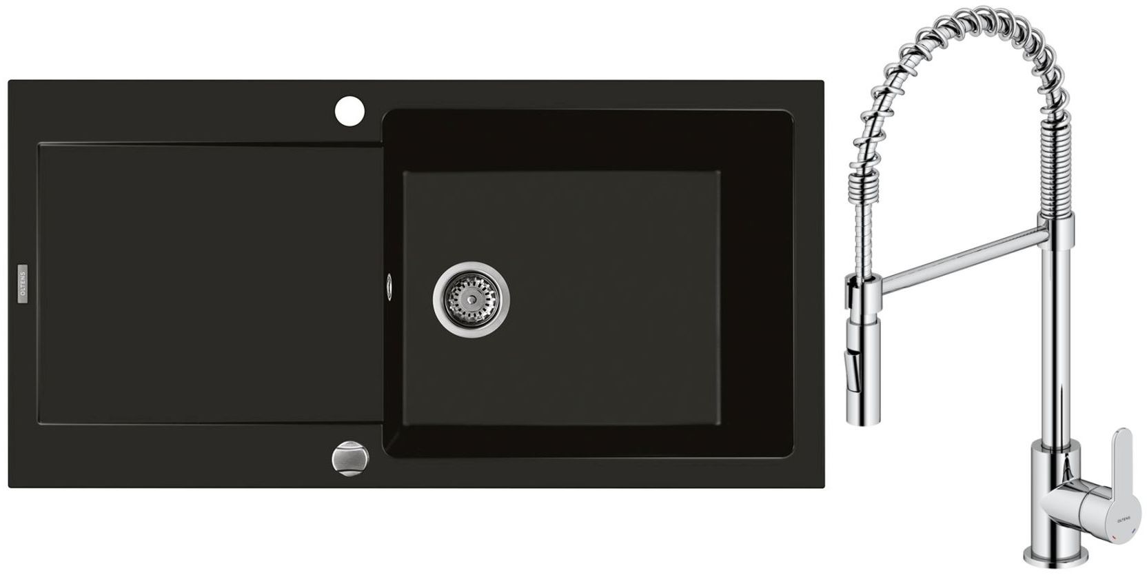 Zestaw Oltens Gravan zlewozmywak granitowy 1-komorowy 100x50 cm z baterią kuchenną Duf czarny mat/chrom (72101300, 35203100) - Wysyłka w 24h