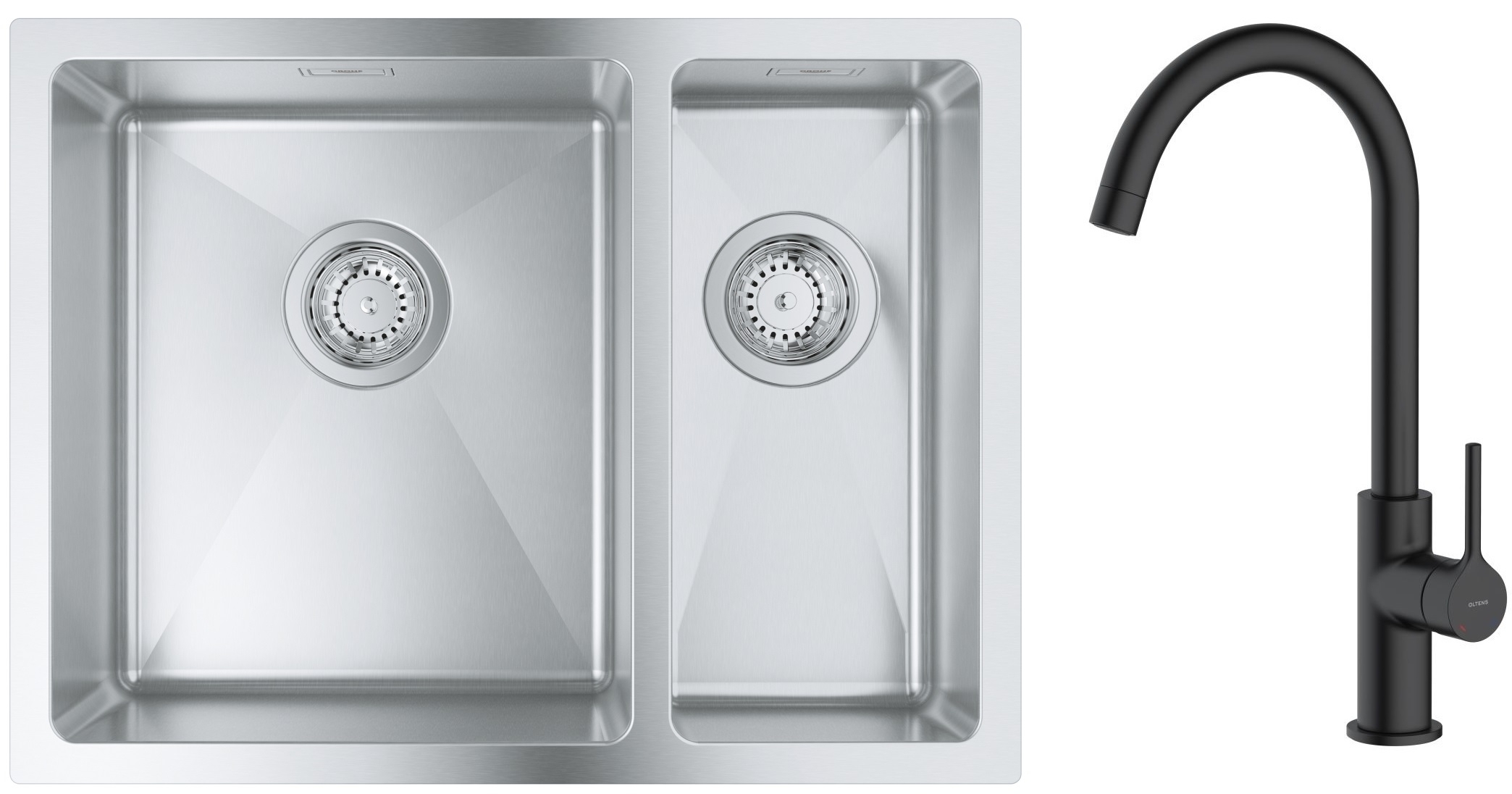 Zestaw Grohe K700 zlewozmywak 59,5x45 cm z baterią kuchenną Oltens Skaft stal szlachetna/czarny mat (31577SD1, 35206300)
