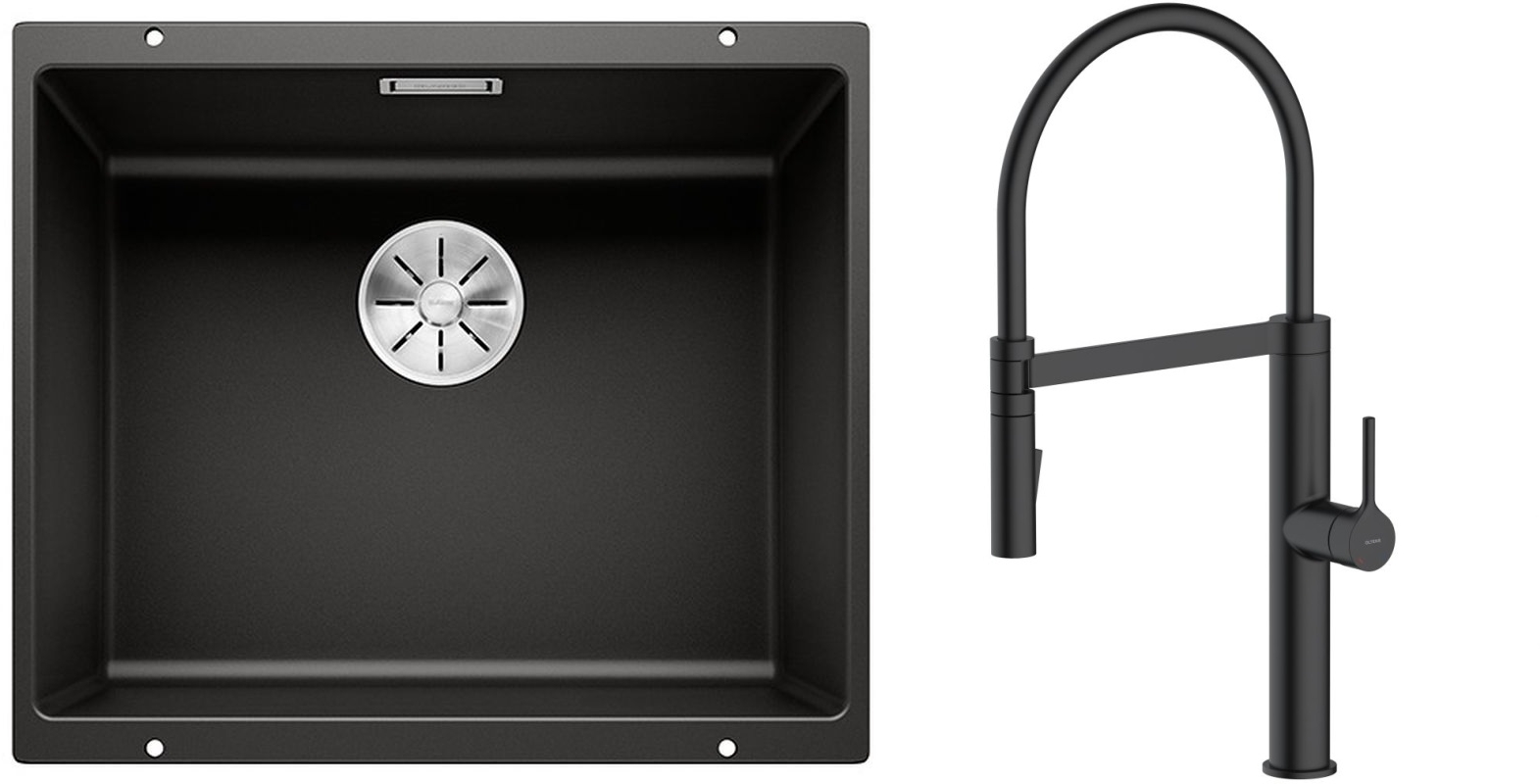 Zestaw Blanco Subline 500-U zlewozmywak granitowy 50x40 cm z baterią kuchenną Oltens Borga czarny mat (35207300, 525995) - Wysyłka w 24h