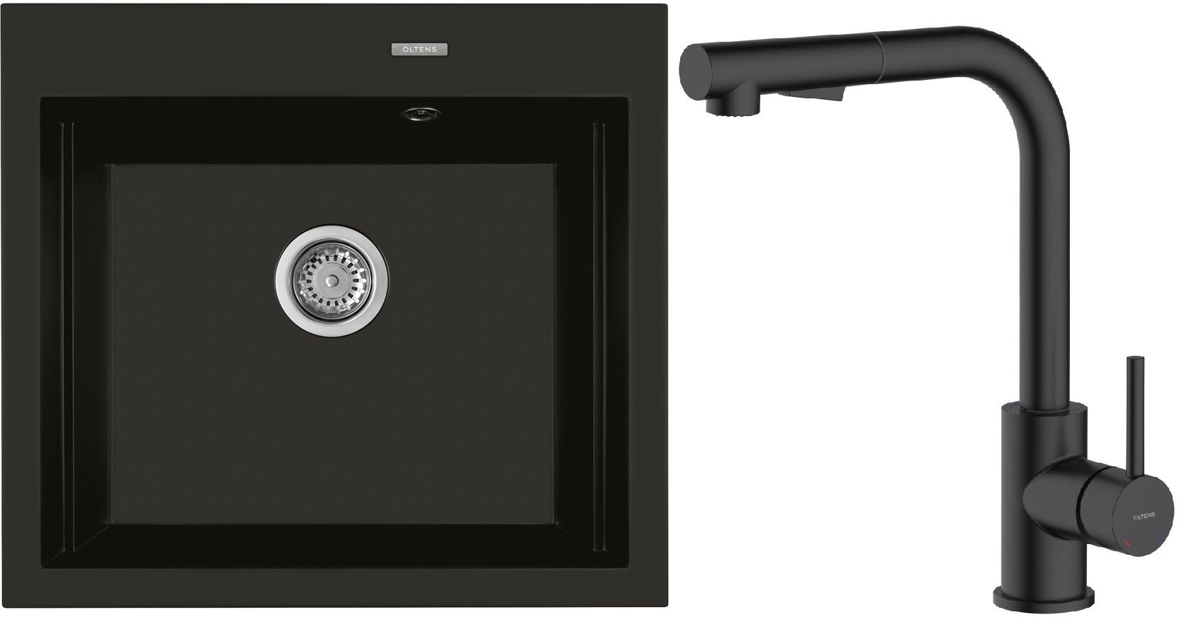 Zestaw Oltens Gravan zlewozmywak granitowy 1-komorowy 57x51,5 cm z baterią kuchenną Myvat czarny mat (72000300, 35205300) - Wysyłka w 24h