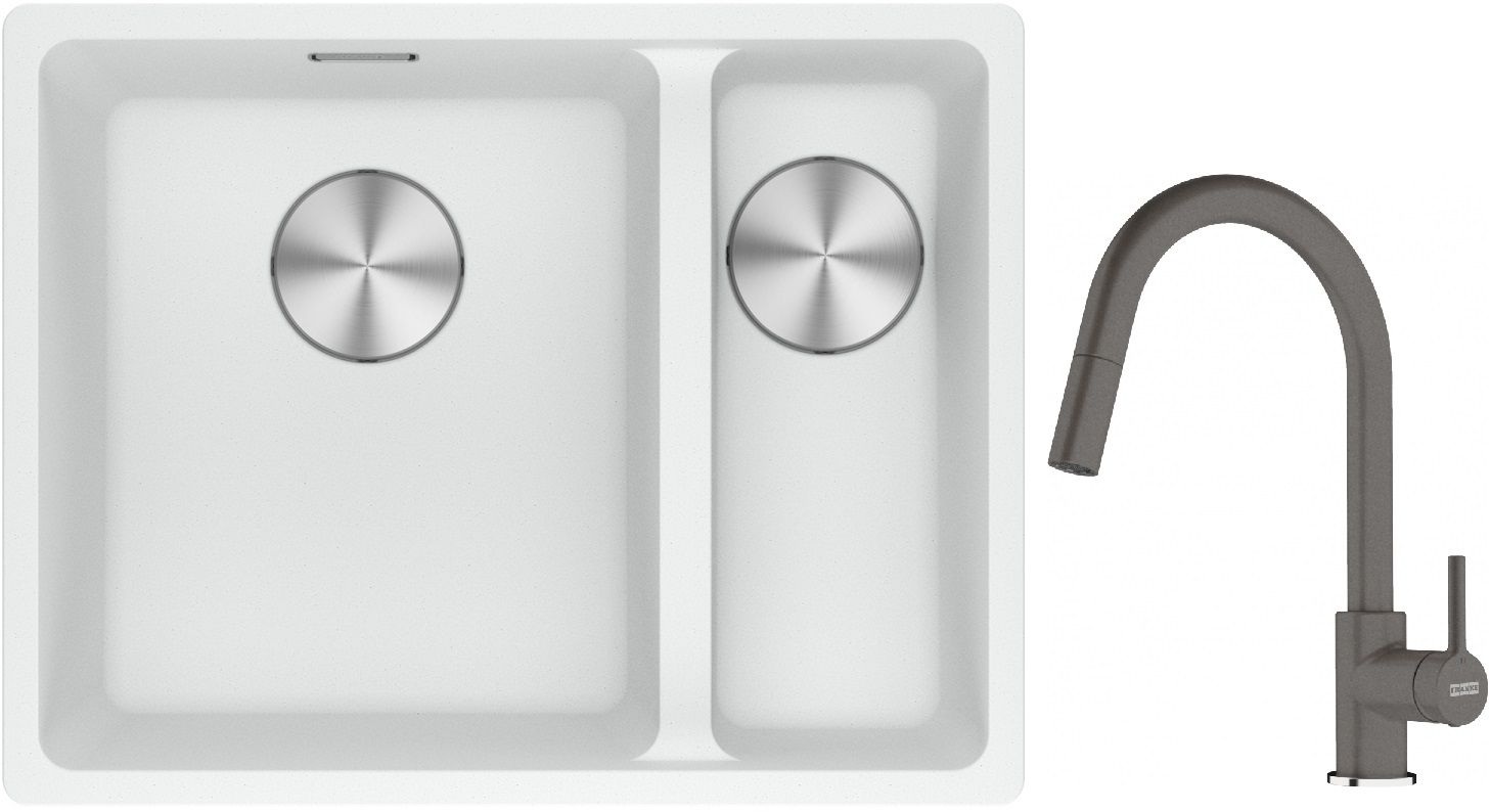 Franke Maris MRG 160-34-15SBR zlewozmywak 52x40 cm Fragranite biały polarny z baterią kuchenną Lina kamienny szary (1250687267, ...