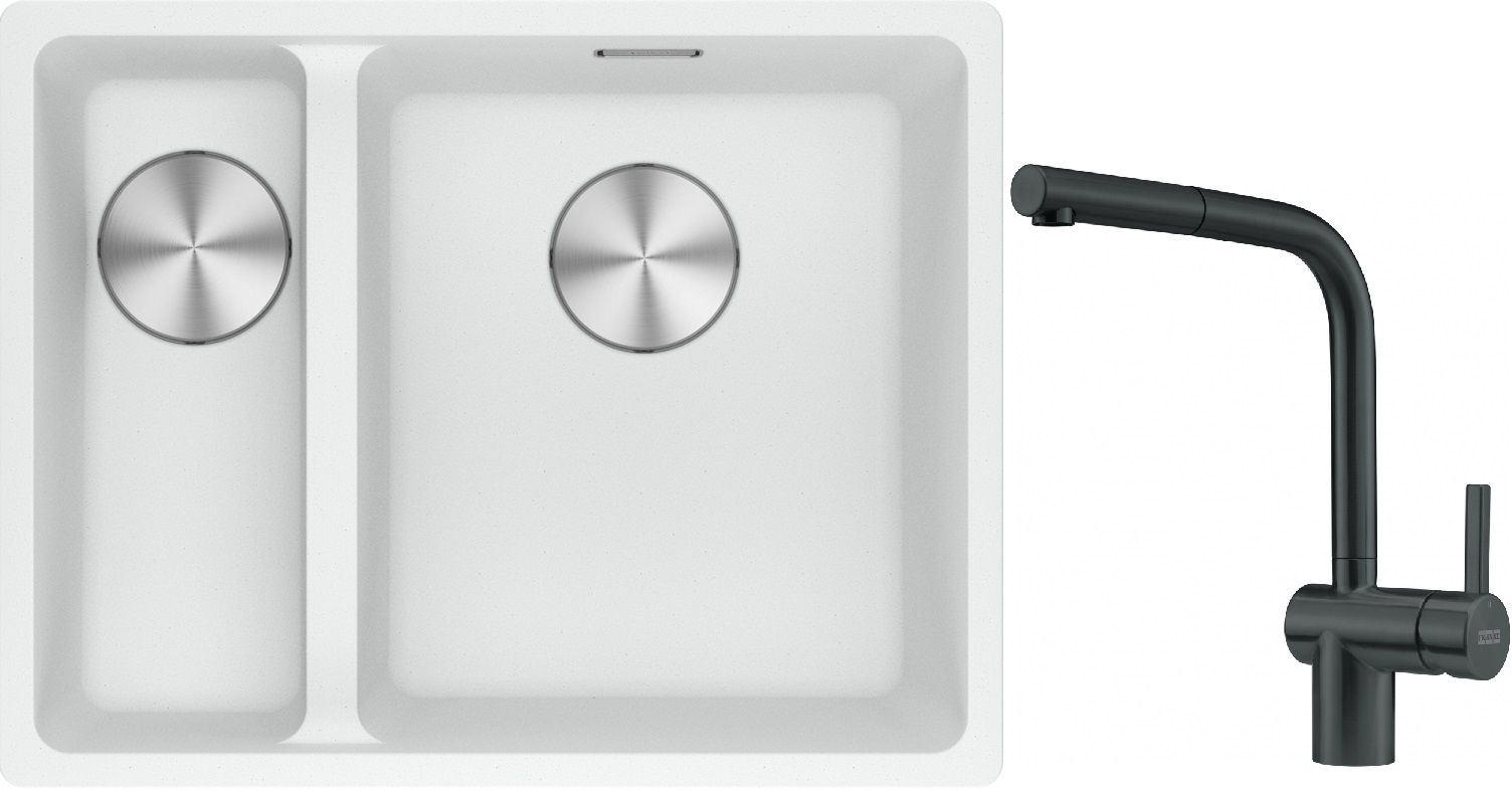 Franke Maris MRG 160-34-15SBL zlewozmywak 52x40 cm Fragranite biały polarny z baterią kuchenną Atlas czarna stal szlachetna (1250687271, ...