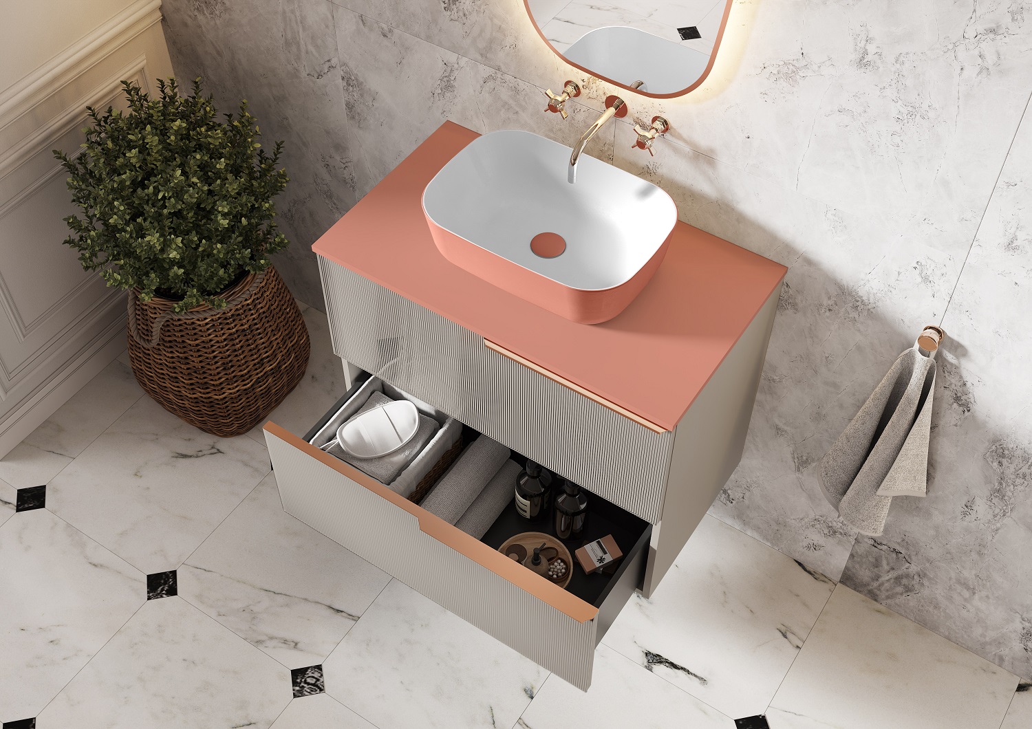 Elita Reni umywalka 45,5x32,5 cm prostokątna nablatowa biały połysk/terra pink mat RE040460896100