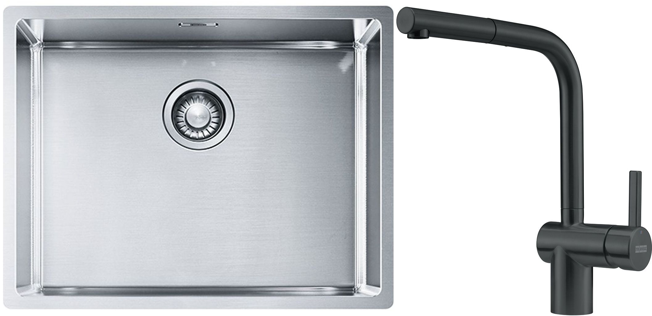 Franke Box BXX 110-54/ BXX 210-54 zlewozmywak 58x45 cm stalowy z baterią kuchenną Atlas czarna stal szlachetna (1270453660, 1150550427)