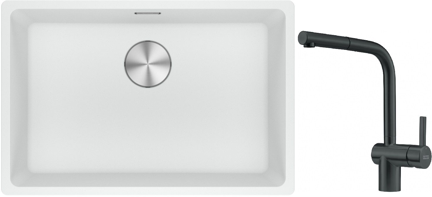 Franke Maris MRG 110-62 zlewozmywak 62x40 cm Fragranite biały polarny z baterią kuchenną Atlas czarna stal szlachetna (1250687259, ...