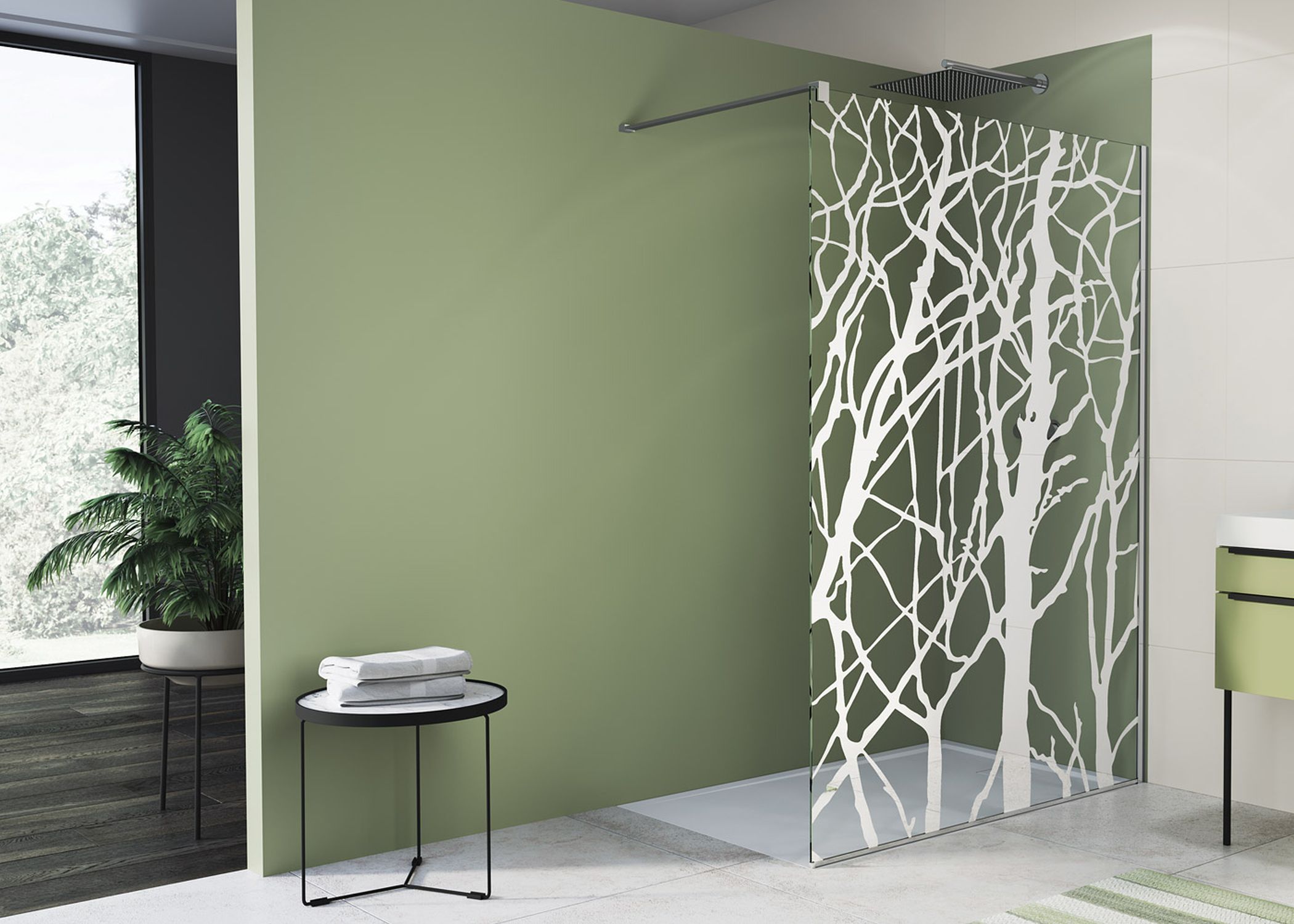 SanSwiss Easy Walk-In ścianka prysznicowa 100 cm wolnostojąca srebrny połysk/dekor drzewo STR4P1005062