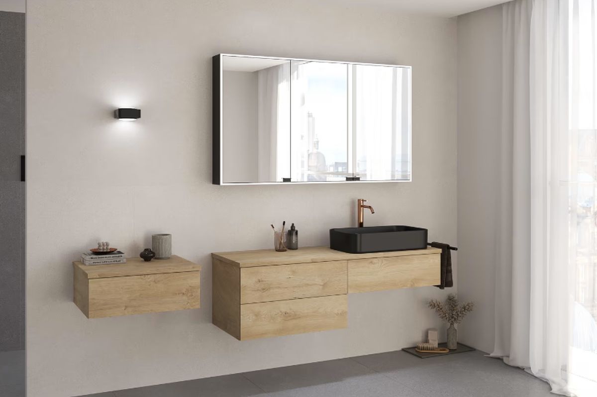 Kronenbach Cube szafka z blatem 141x48,7x44,5 cm podumywalkowa wisząca jasny dąb KBWTKOWTL1413GH