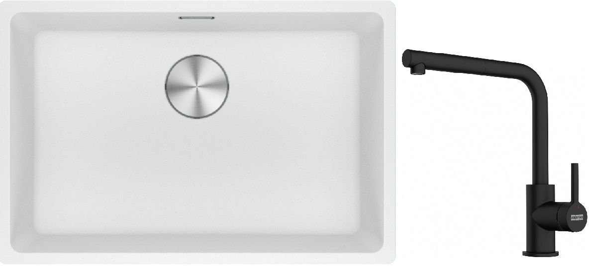 Franke Maris MRG 110-62 zlewozmywak 62x40 cm Fragranite biały polarny z baterią kuchenną Lina czarny mat (1250687259, 1150712435)