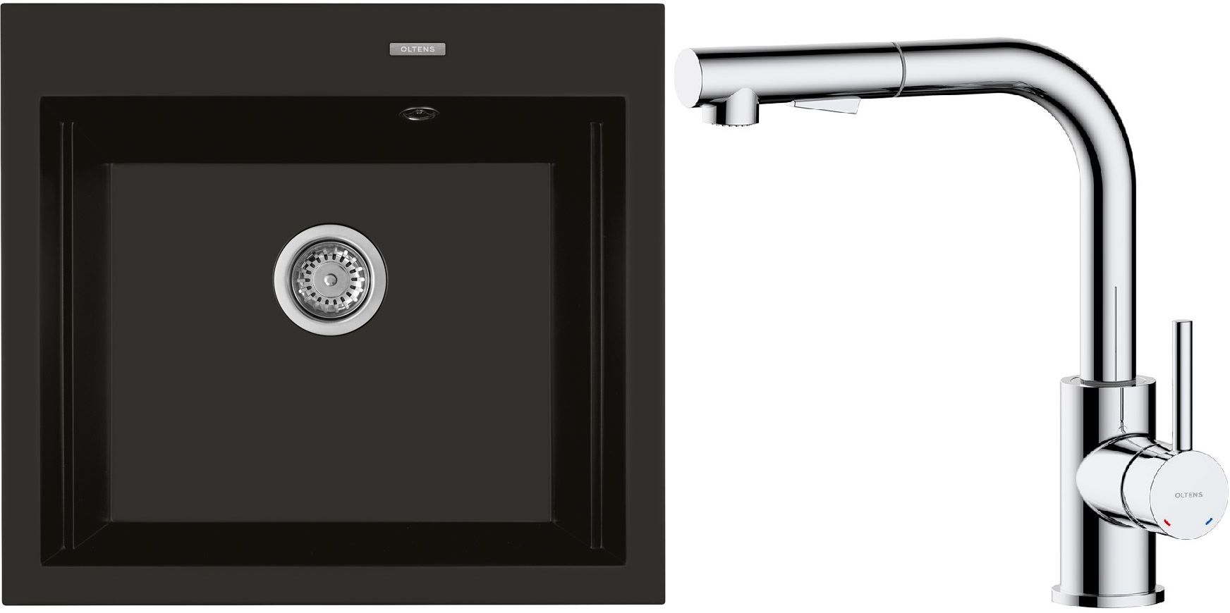 Zestaw Oltens Gravan zlewozmywak granitowy 1-komorowy 57x51,5 cm z baterią kuchenną Myvat czarny mat/chrom (72000300, 35205100) - Wysyłka w 24h