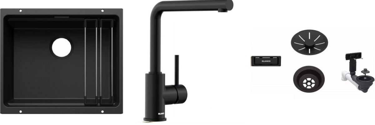 Zestaw Blanco Etagon 500-U zlewozmywak granitowy czarny z baterią kuchenną Mila i armaturą odpływowo-przelewową czarną (527754, ... - Wysyłka w 24h