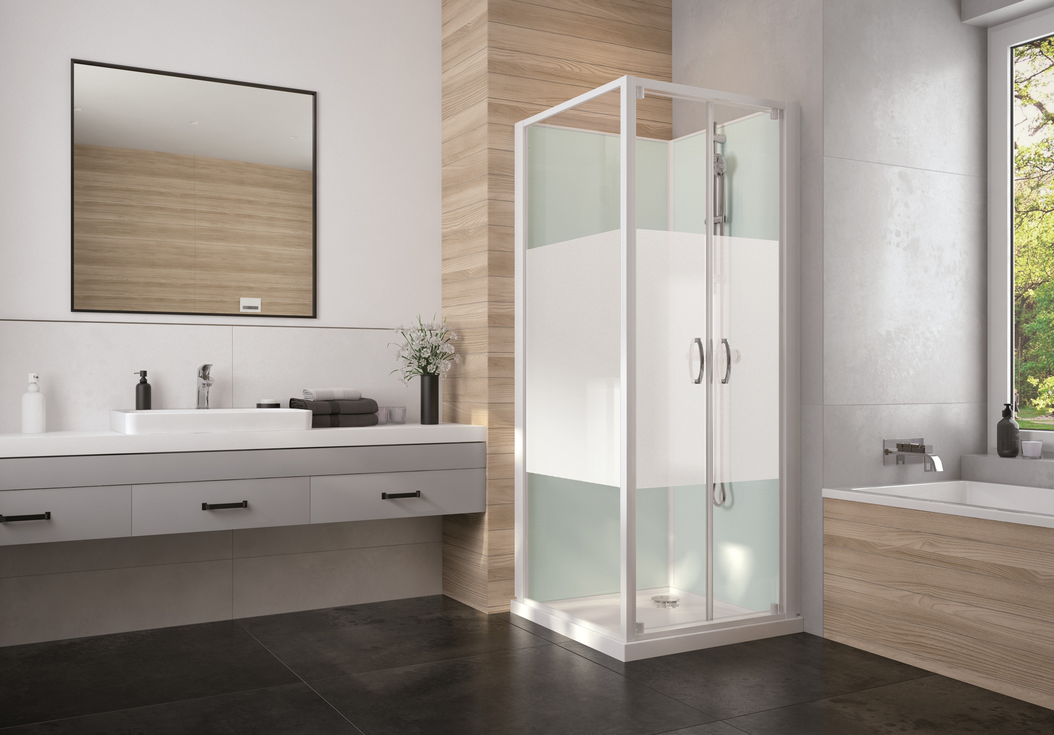 Sanplast Basic Complete Mineral kabina z brodzikiem i zestawem prysznicowym 70x70 cm kwadratowa biały połysk/szkło ze wzorem ...