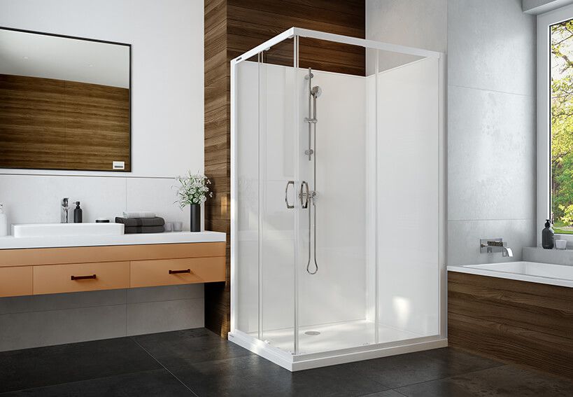 Sanplast Basic Complete Mineral kabina z brodzikiem i zestawem prysznicowym 80x80 cm kwadratowa biały połysk/szkło ze wzorem ...