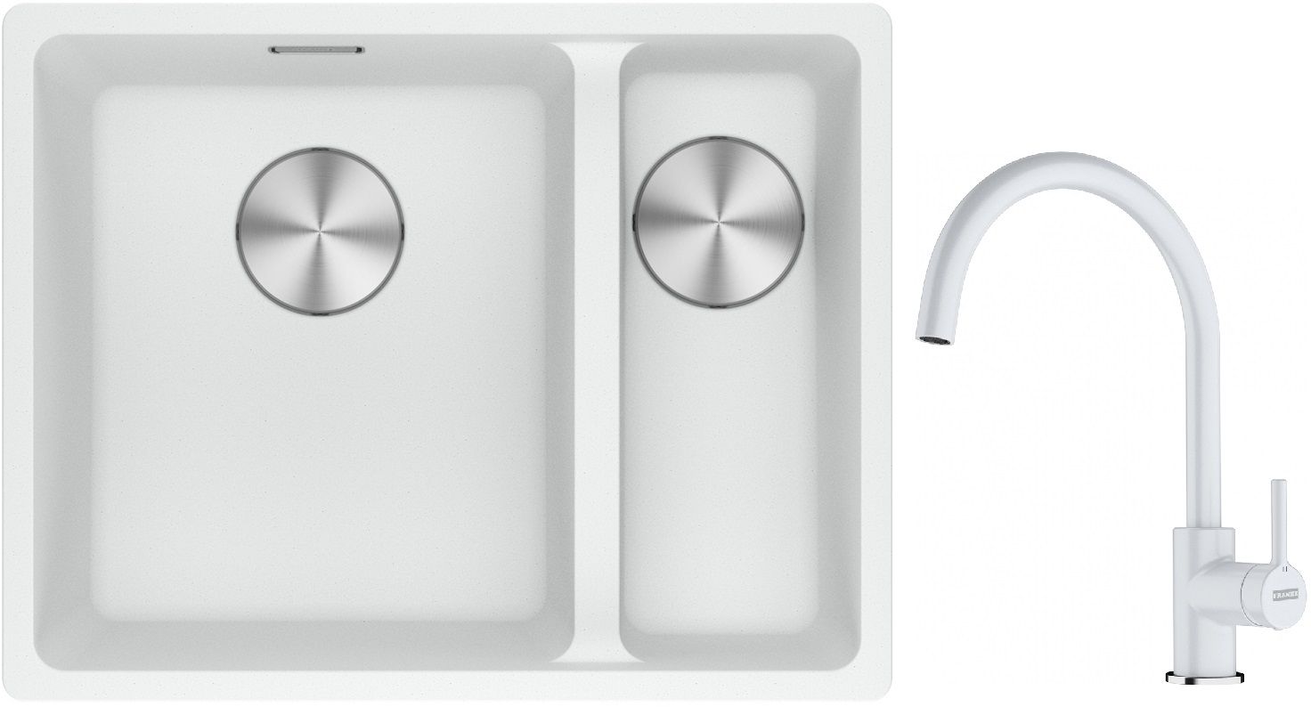 Franke Maris MRG 160-34-15SBR zlewozmywak 52x40 cm Fragranite biały polarny z baterią kuchenną Lina biały polarny (1250687267, ...