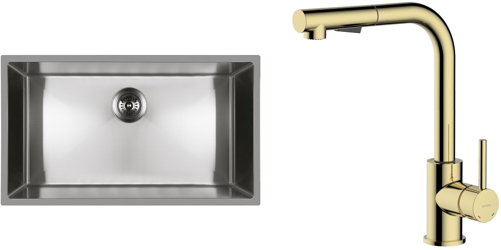 Zestaw Oltens Stalvask zlewozmywak stalowy 76x44 cm z baterią kuchenną Myvat stal polerowana/złoty połysk (71102100, 35205800) - Wysyłka w 24h
