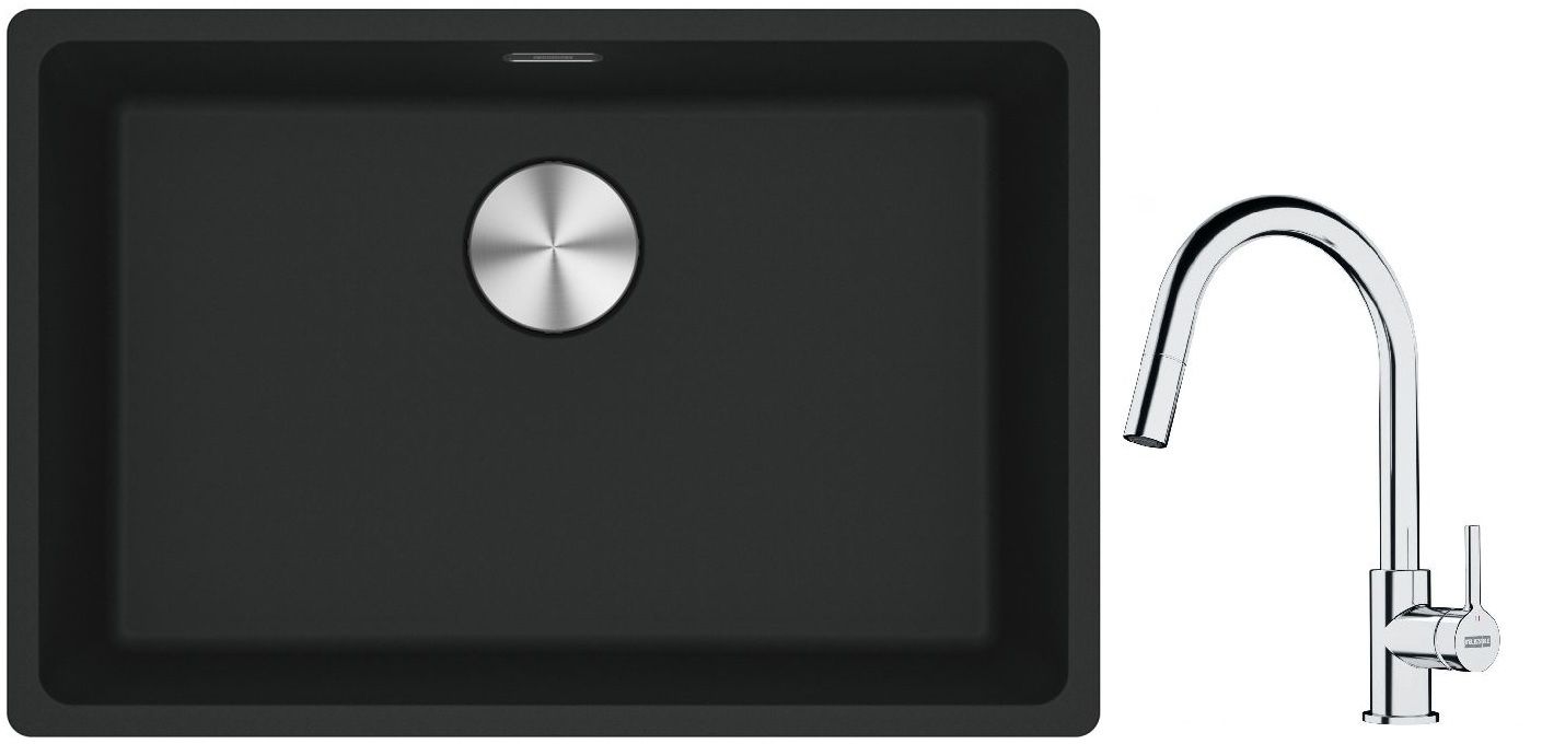 Franke Maris MRG 110-62 zlewozmywak 62x40 cm Fragranite czarny mat z baterią kuchenną Lina chrom (1250687256, 1150693229)