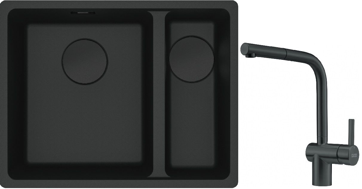 Franke Maris MRG 160-34-15SBR zlewozmywak 52x40 cm Fragranite czarny mat z baterią kuchenną Atlas czarna stal szlachetna (1250697755, ...