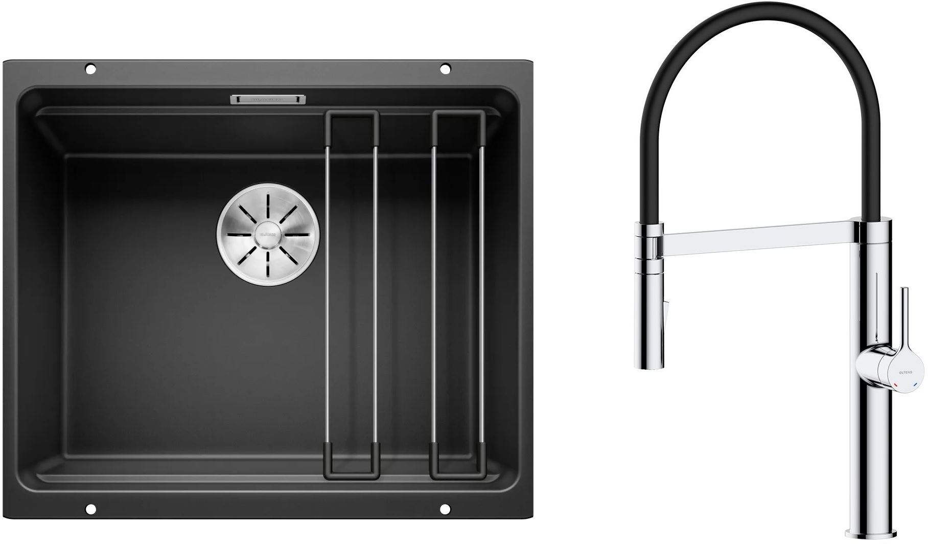 Zestaw Blanco Etagon 500-U zlewozmywak granitowy 53x46 cm z baterią kuchenną Oltens Borga czarny mat/chrom (35207100, 525887) - Wysyłka w 24h