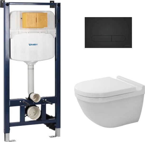 Zestaw Duravit DuraSystem stelaż podtynkowy z przyciskiem spłukującym czarny mat i miską WC Rimless Starck 3 z deską wolnoopadającą ...