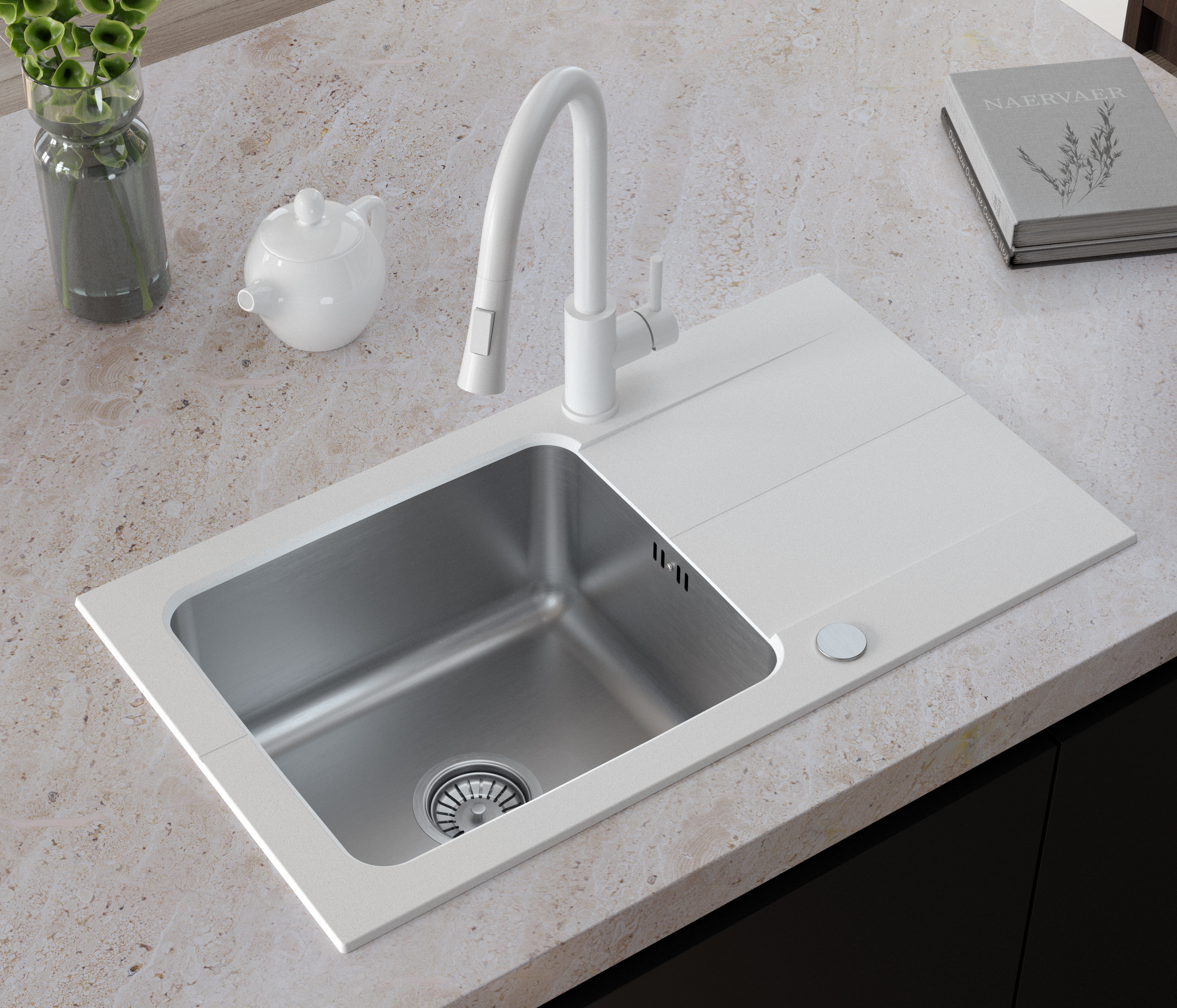 Zestaw Quadron Edward 111 zlewozmywak granitowo-stalowy 78x44 cm z baterią Kate alabaster/stal FUS_E7844BI_3623500BS - Wysyłka w 24h