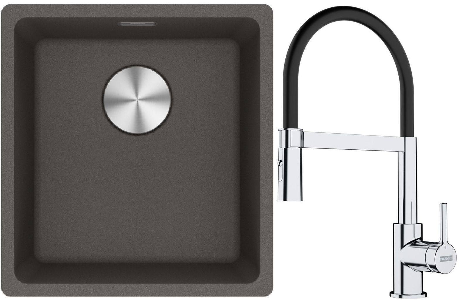 Franke Maris MRG 110-37 zlewozmywak granitowy 43x40 cm łupkowy szary z baterią kuchenną Lina chrom/czarny (1250716374, 1150626085)