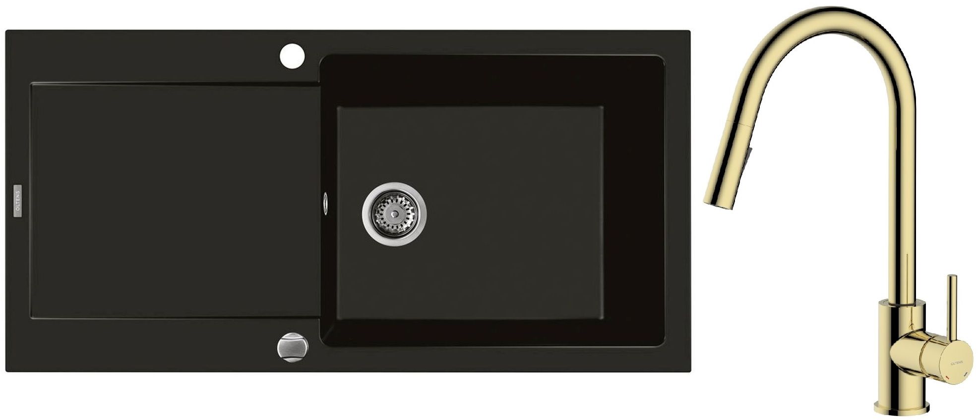 Zestaw Oltens Gravan zlewozmywak granitowy 1-komorowy 100x50 cm z baterią kuchenną Litla czarny mat/złoty połysk (72101300, 35204800) - Wysyłka w 24h