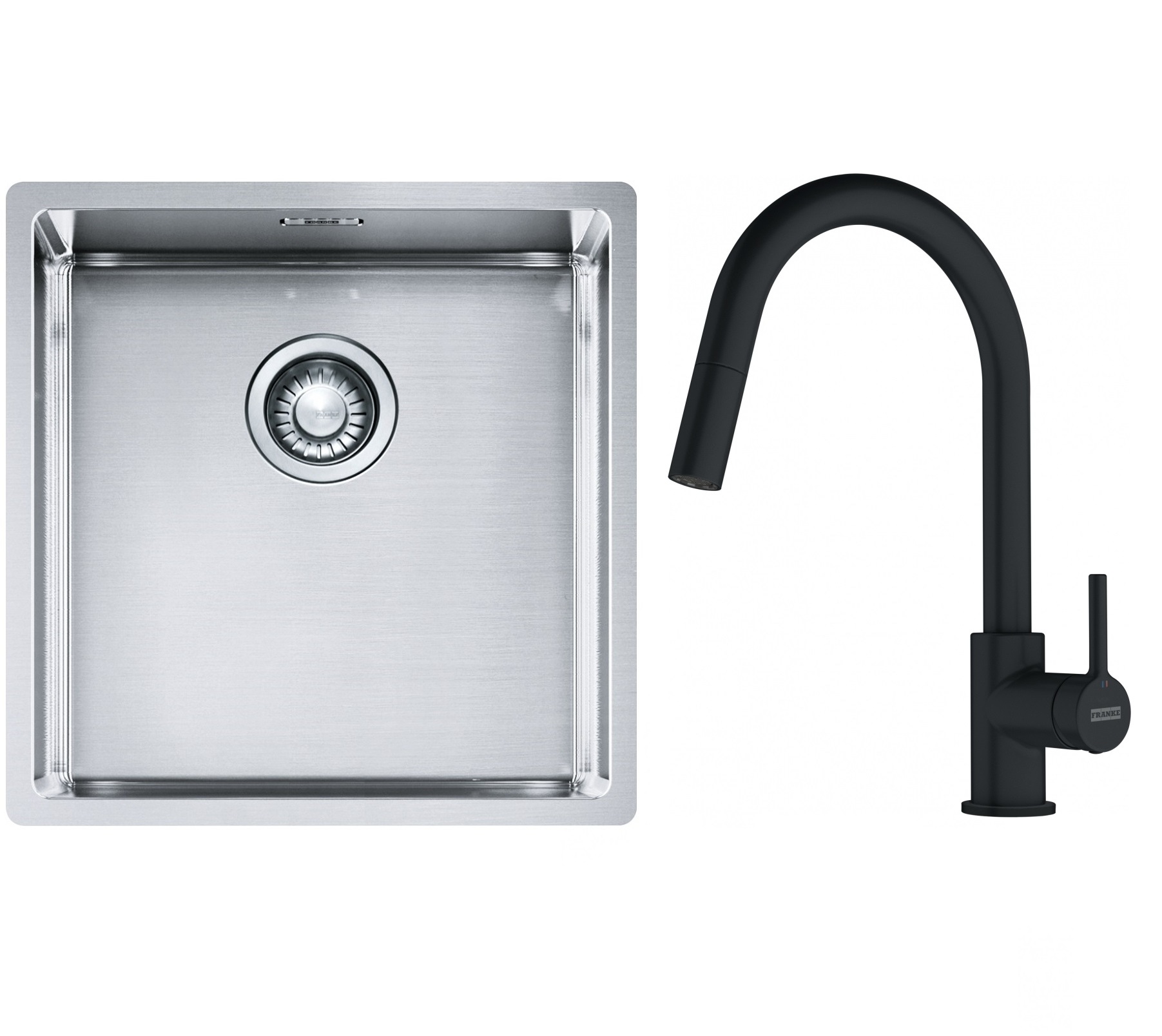 Franke Box BXX 210/110-40 zlewozmywak 45x44 cm stalowy z baterią kuchenną Lina czarny mat (1270453654, 1150626053)