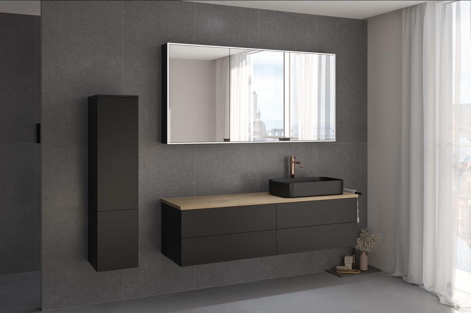 Kronenbach Cube szafka z blatem 161x48,7x44,5 cm podumywalkowa wisząca czarny mat-jasny dąb KBWTKOWTL1614SMGH