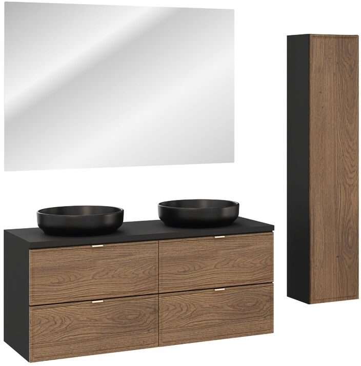Zestaw Comad Talia Casella dwie umywalki River 1 nablatowe z szafkami podumywalkowymi 60 cm, szafka boczna wysoka dąb-czarny i lustro ...
